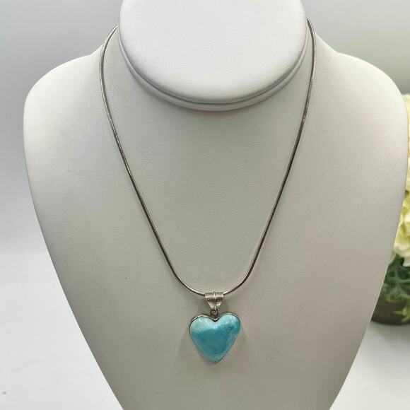 Sterling Silver 925 Caribbean Blue Heart Larimar Pendant and snake chain 15" - Picture 1 of 9